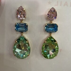 Janis Savitt Peridot, Aqua & Rose Crystal Earrings—Gorgeous!! 24K Gold Plate—EUC